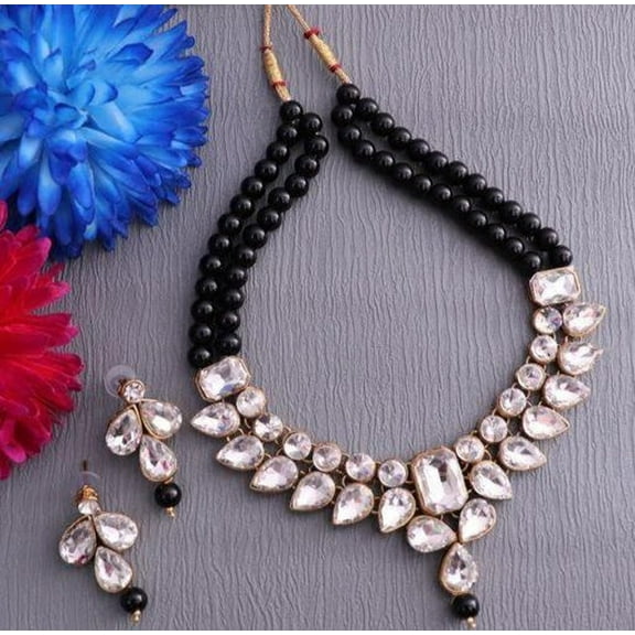 Women's Black Beaded Kundan Necklace Set with Earrings – Ethnic Indian Jewelry for Weddings & Festive Wear