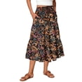 thumbnail image 3 of Women's Floral Midi Skirt, Drawstring High Waist Tiered Pleated Skirt, Casual Boho Skirt for Vacation, Daily Wear and Spring Outfits,Coffee,S, 3 of 7