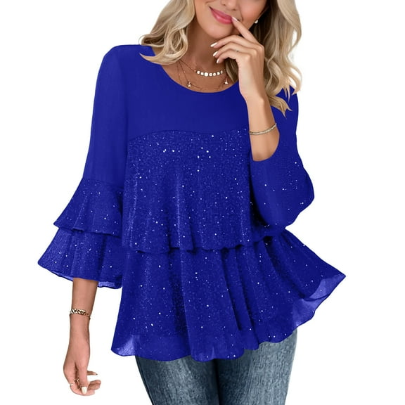 Busydd Womens Tops Fashion Glittery 3/4 Length Sleeve T Shirts for Women Casual Solid Color Round Neck Pleated Tiered Womens T Shirts XL
