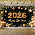 thumbnail image 3 of Gold Theme 2026 New Year Banner Shiny Design Happy New Year Banner Gift Box Decor Pine Branch Ornament New Year Party Banner for New Year Party 2026 Countdown Family Gathering, 3 of 9