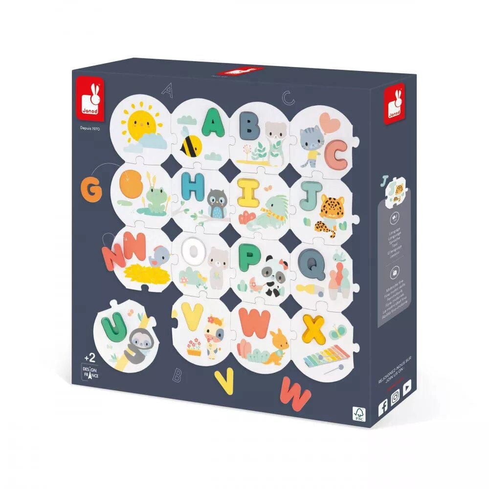 Janod - Pure - My First Alphabet Puzzle - 26 Pieces - Early-Learning Skill Game - Fine Motor Skills - For Toddlers - 2 Years + - Multilingual - J08045