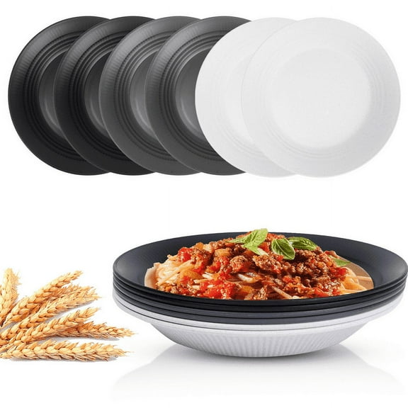 YUESHENGHAO 9 "Wheat Straw Round Plastic deep Plate/Salad Plate/Picnic Plate, 6-Piece Reusable Plastic Kids Plate, Microwave Dishwasher-Safe, Suitable for Daily Meals (Black, White and Grey)