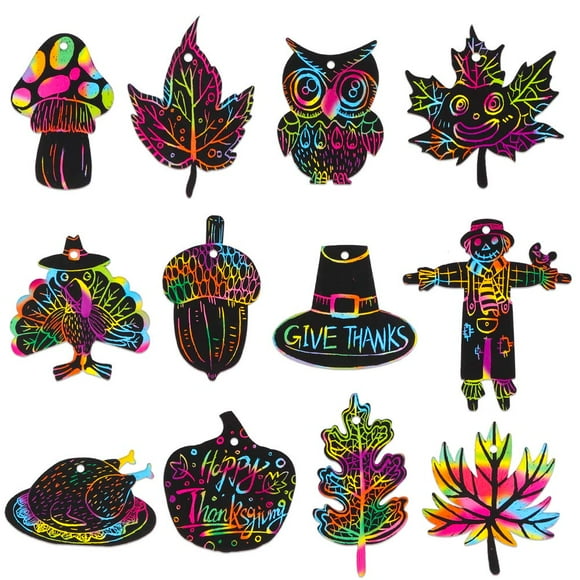 Hohomark Thanksgiving Scratch Paper for Kids 24PCS Fall Rainbow Color Scratch Magic Scratch Off Paper Hanging Ornaments Decorations Art Craft Supplies for Thanksgiving Party Home Classroom Decor