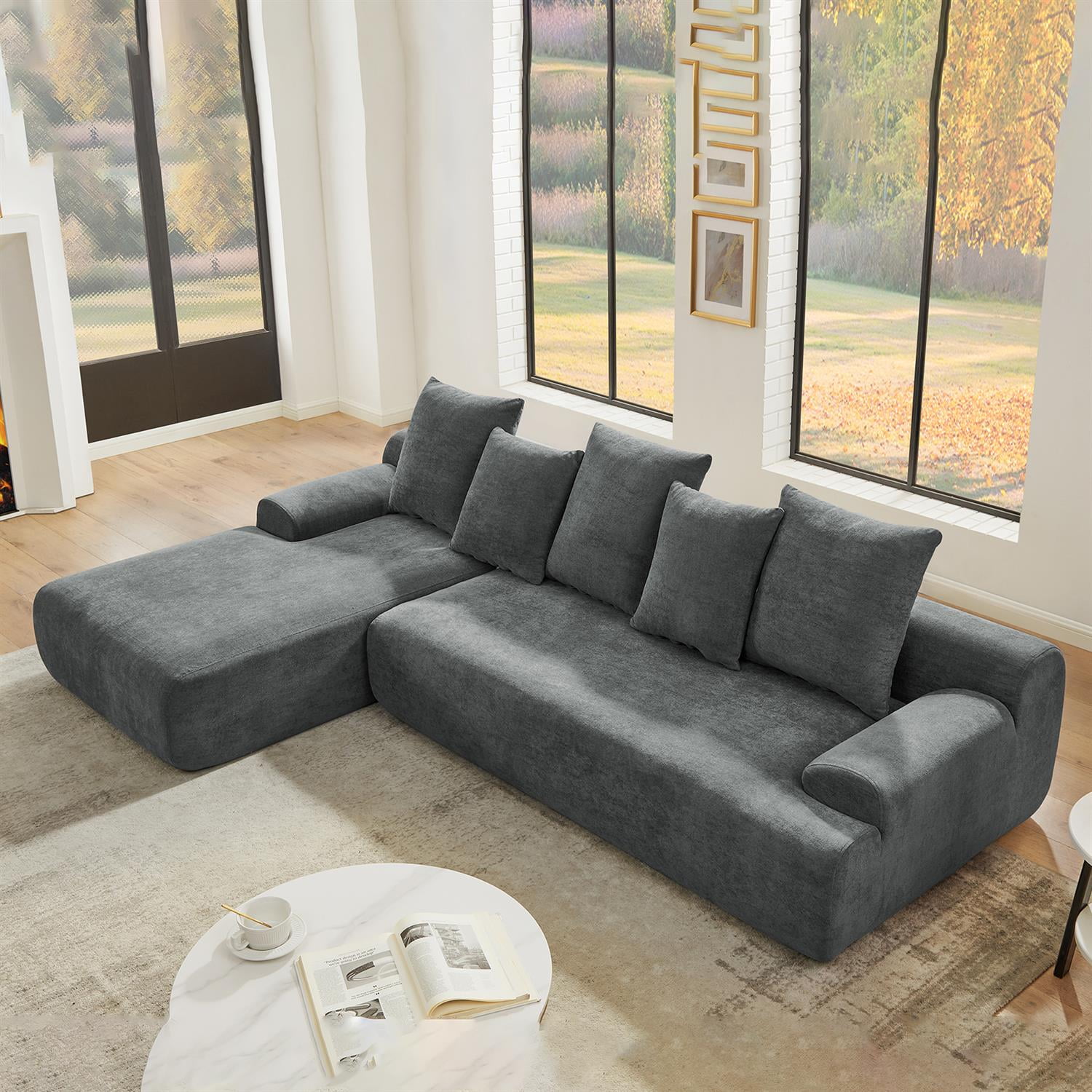 Demi Bonn 110"x67" Velvet L-Shape Sectional Sofa, Modern Upholstered Modular Couch for Living Room/Bedroom Furniture, Gray