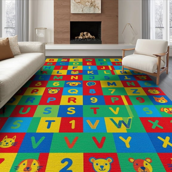 ODIKA 8'x10' Washable Area Rug Durable, Non-Slip Alphabet Letter Abc Chart Teaching Creatures Classroom Large for Living Room, Under Sectional, Family