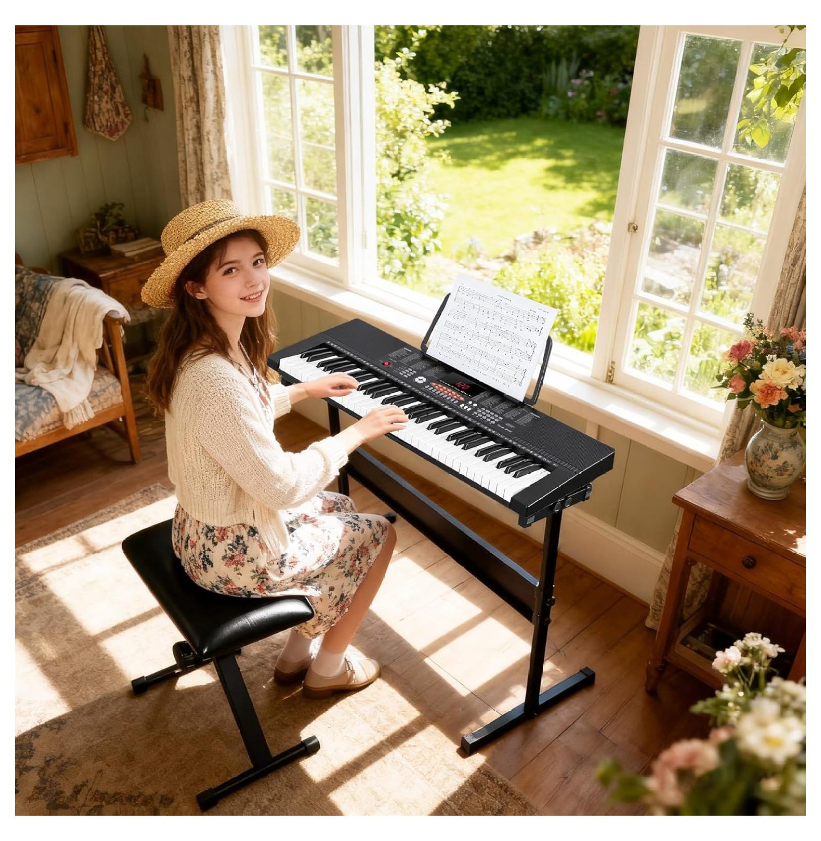 SONGMY 61-Key Portable Electric Keyboard Piano - Complete Set with Stand, Stool, Headphones & Microphone, LED Screen for Beginners & Kids