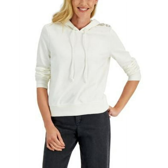 MSRP $70 Charter Club Jeweled-Button Trim Hoodie White Size Large