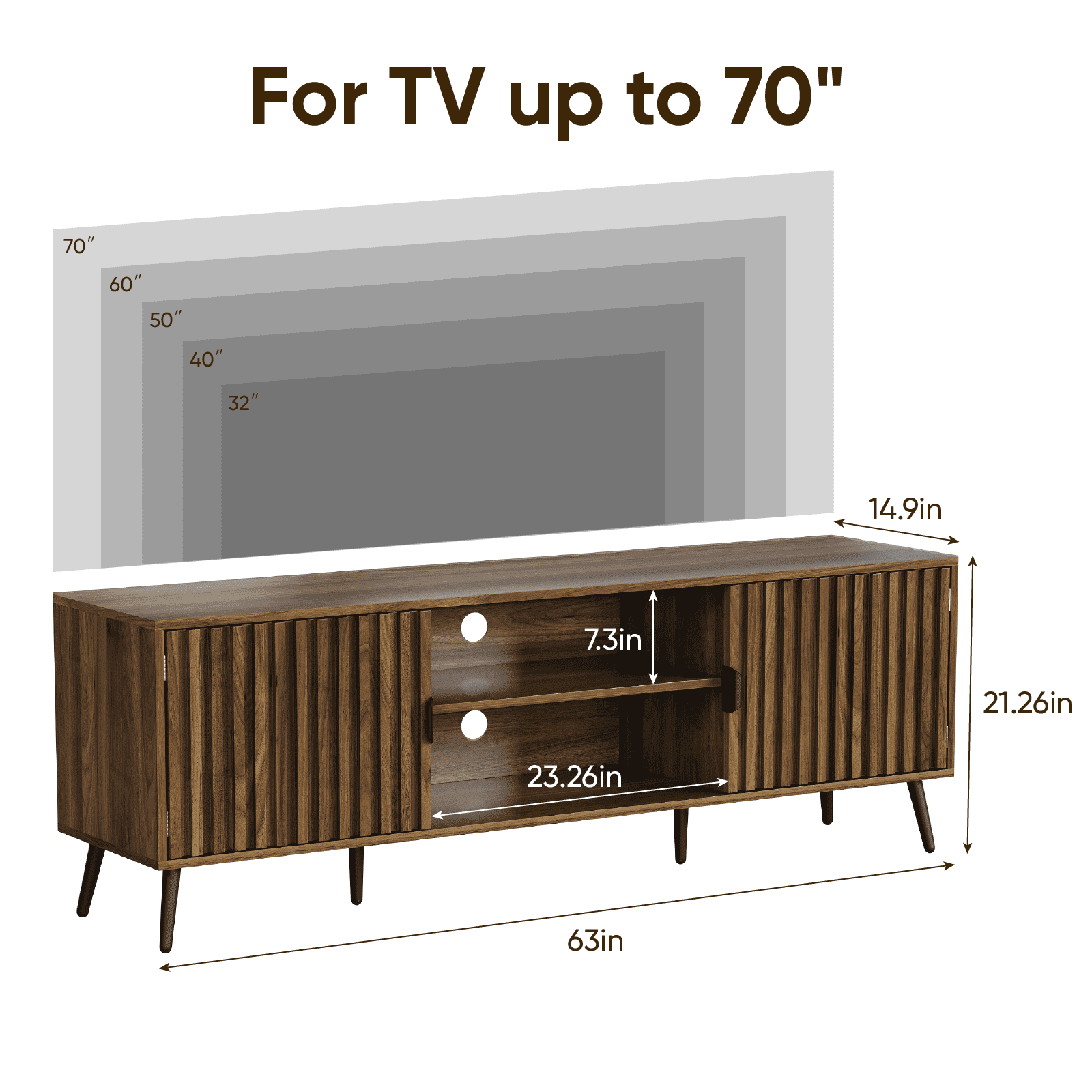 Smuxee Mid-century Fluted TV Stand for 65 Inch TV, Walnut