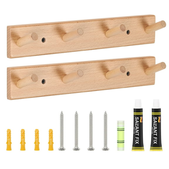 2 Pack Wall Mounted Wood Coat and Hat Rack, 4 Hooks, Light Brown