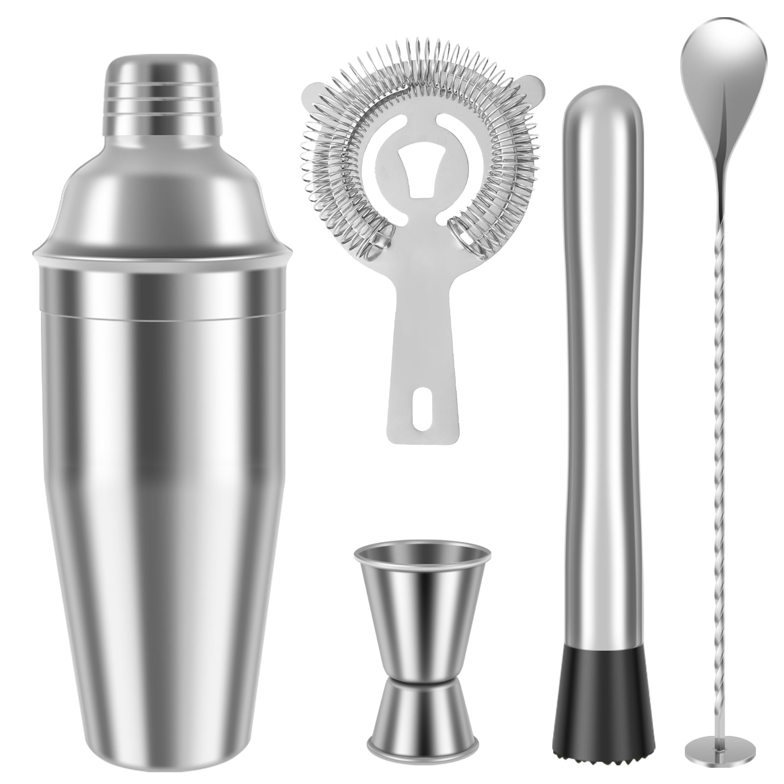 Houdini 5-Piece Bar Set in Stainless Steel with Wood and Glass