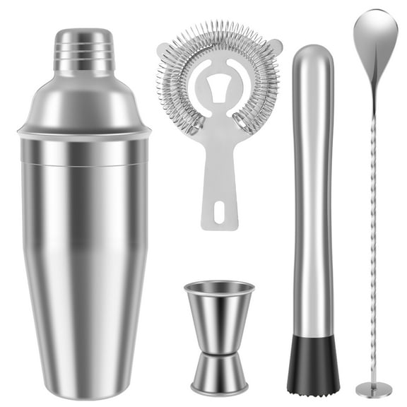 5-Piece Cocktail Shaker Set 26oz Shaker Strainer Muddler Jigger Mixing Spoon Pour Bartender Kit Stainless Steel Bar Set Housewarming Gift