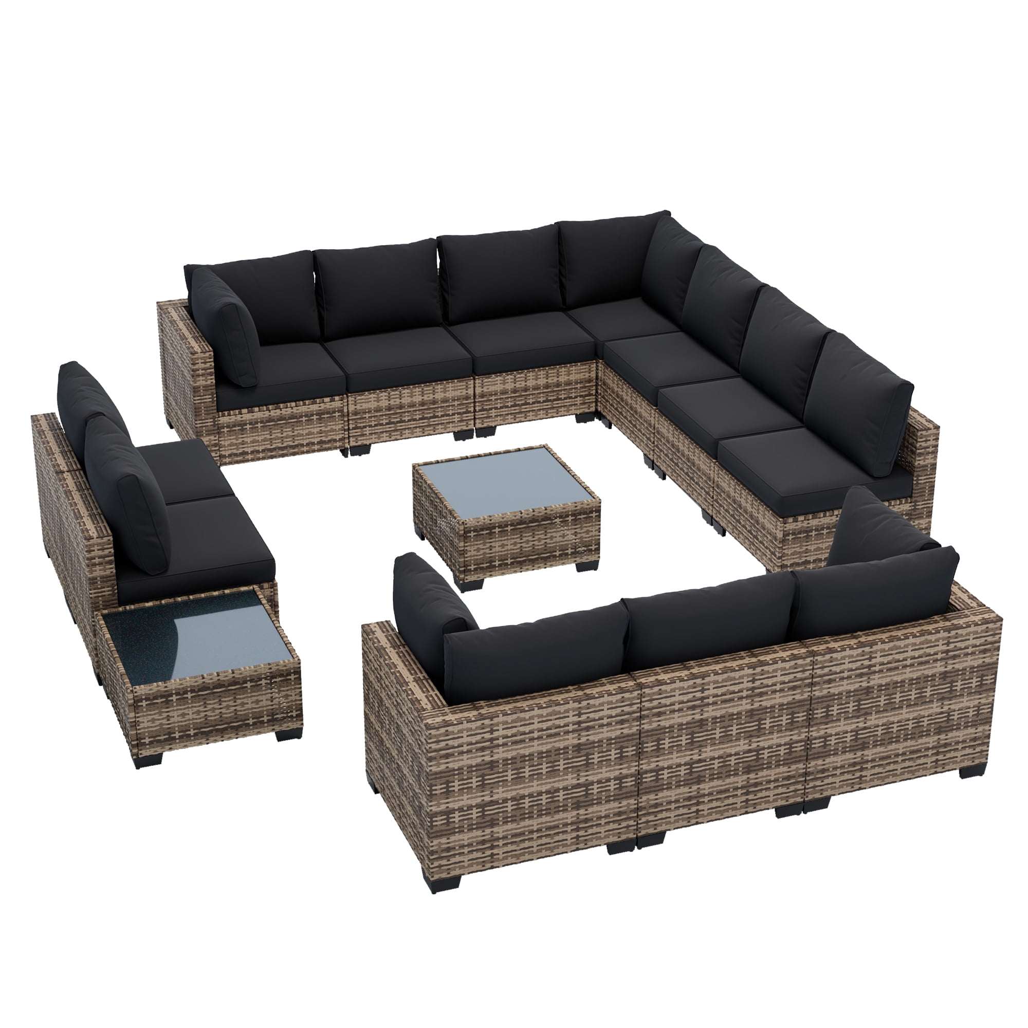 FHFO 14-Piece Patio Furniture Set,Wicker Outdoor Conversation Sectional Sofa with 2 Coffee Tables, for Backyard, Poolside & Garden, Yellow&Black