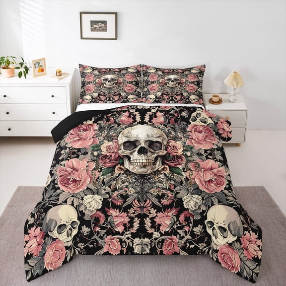 Manfei Horror Halloween Skull Full Size Comforter Sets,Romantic Flower Rose Bedding Comforter Set,Gothic Theme Bedding Sets For Teens,Microfiber Bedroom Decor Reversible,3-Piece