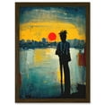 thumbnail image 1 of Dramatic Sunset Silhouette City Skyline Lake Oil Painting Artwork Framed Wall Art Print A4, 1 of 4