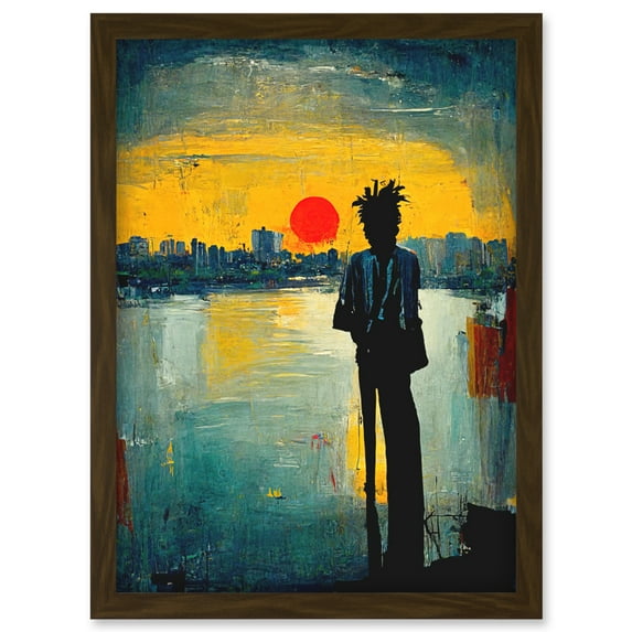 Dramatic Sunset Silhouette City Skyline Lake Oil Painting Artwork Framed Wall Art Print A4