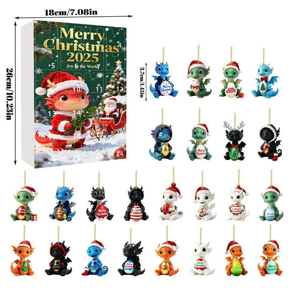 2 Packs 2025 Christmas Advent Calendar with 24 Dragon Ornaments, Festive Countdown Decor, Holiday Tree Hanging Decorations, Collectible Figurines for Home Decor, Unique Gift for Dragon Lovers