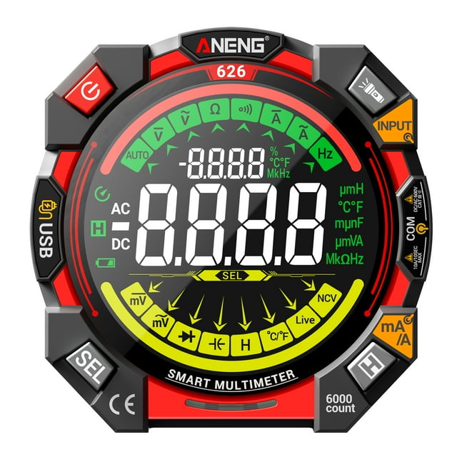 ANENG 626 Multimètre Numérique Auto-Rangement avec Affichage 6000 Unités VA, Protection contre les Surcharges, Mesure AC 1000V DC/600V, Batterie Lithium Intégrée 1000mA, Détection NCV, Lampe de Poche