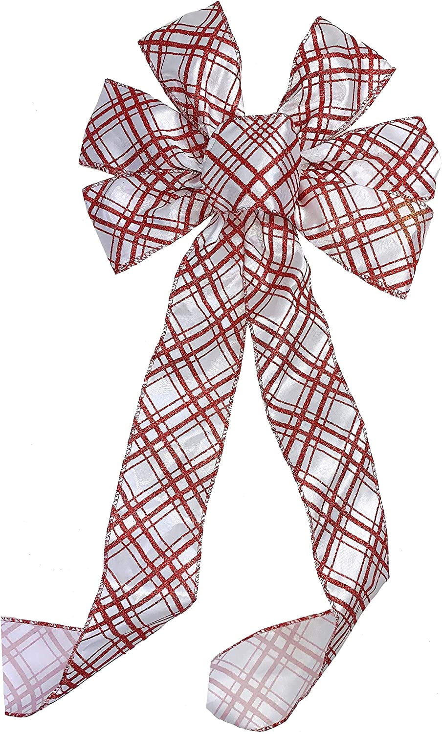 White Red Plaid Christmas Bow 10" Wide, 18" Long PreTied Bow, Red