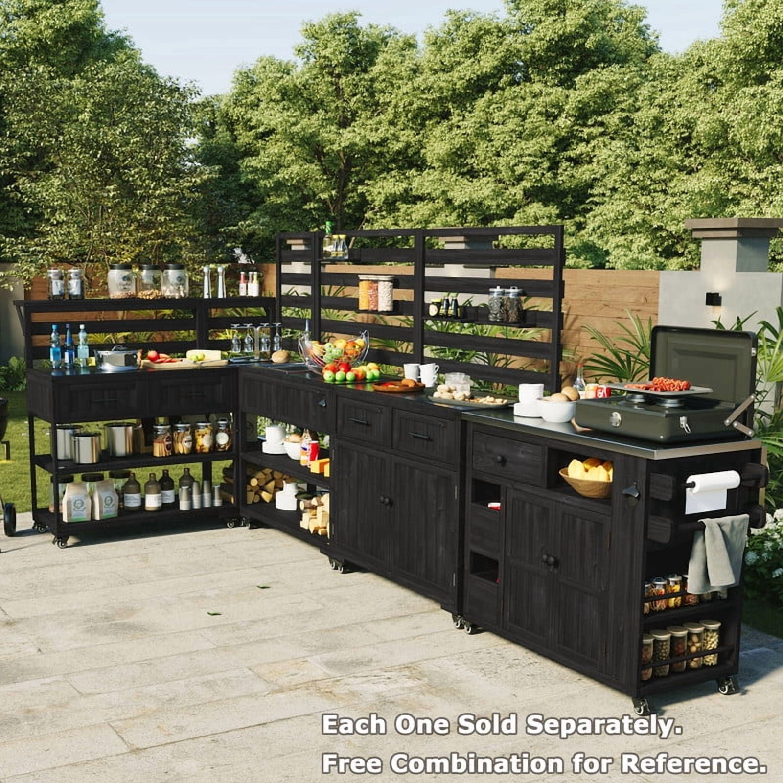 Outdoor Kitchen Storage Cart with Faucet & Sink, Rolling Kitchen Island with Bottle Opener, Garden Potting Bench with Raised Shelf
