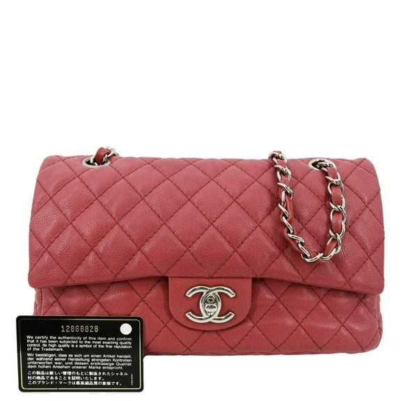 Pre-Owned CHANEL Classic Medium Double Flap Quilted Caviar Leather Shoulder Bag Red