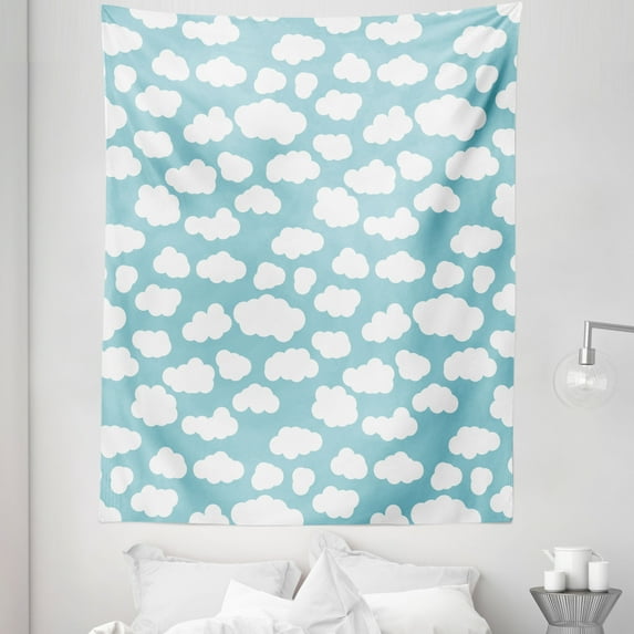 Blue Sky Tapestry, Repetitive Bicolour Clouds Fluffy Cartoon Style Pattern Monochrome, Fabric Wall Hanging Decor for Bedroom Living Room Dorm, 5 Sizes, Pale Turquoise and White, by Ambesonne