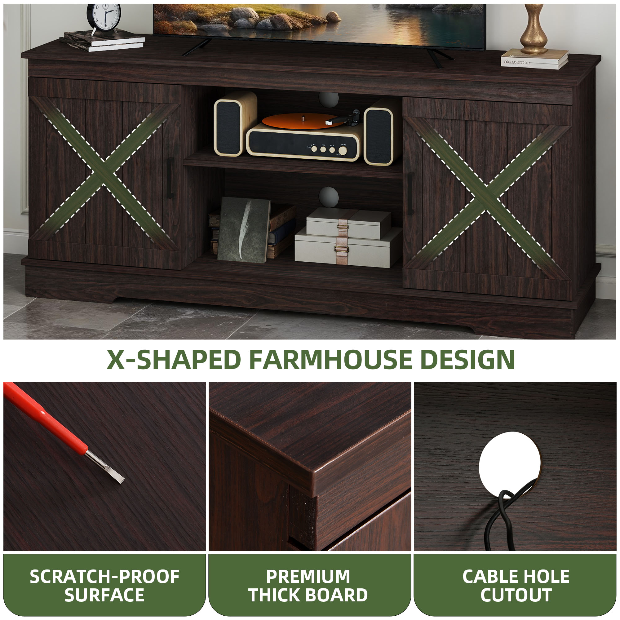 Uforic Farmhouse TV Stand for up 65" TVs, Entertainment Center Console Table for Living Room, Brown