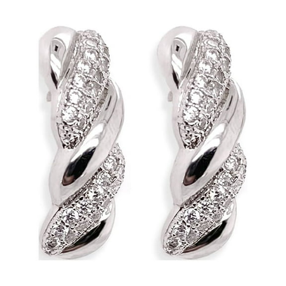 Pave Diamond Twist Elongated Stud Earings White Gold Finish CZ