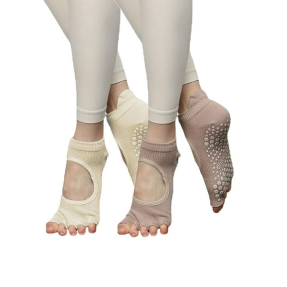 Women's Open-Toe Grip Socks for Yoga and Pilates with Non-Slip Soles and Arch Support - Khaki Beige