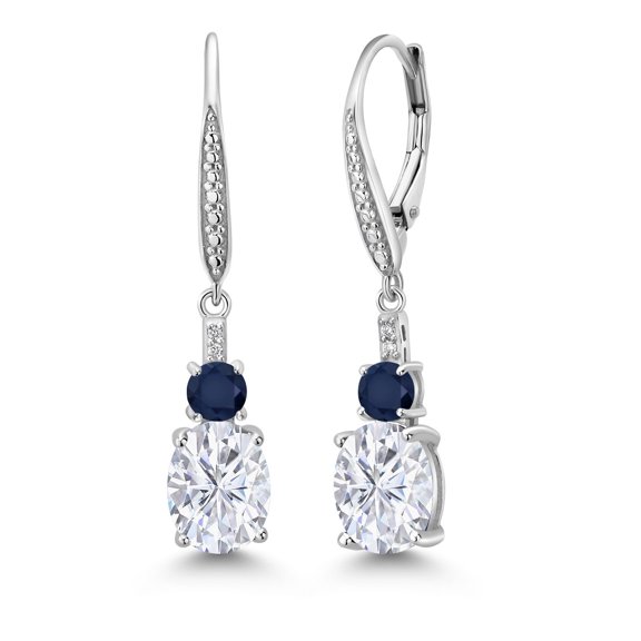 Gem Stone King 925 Sterling Silver White Moissanite and Blue Sapphire Dangle Earrings for Women with Lab Grown Diamond (4.93 Cttw, Oval 9X7MM)