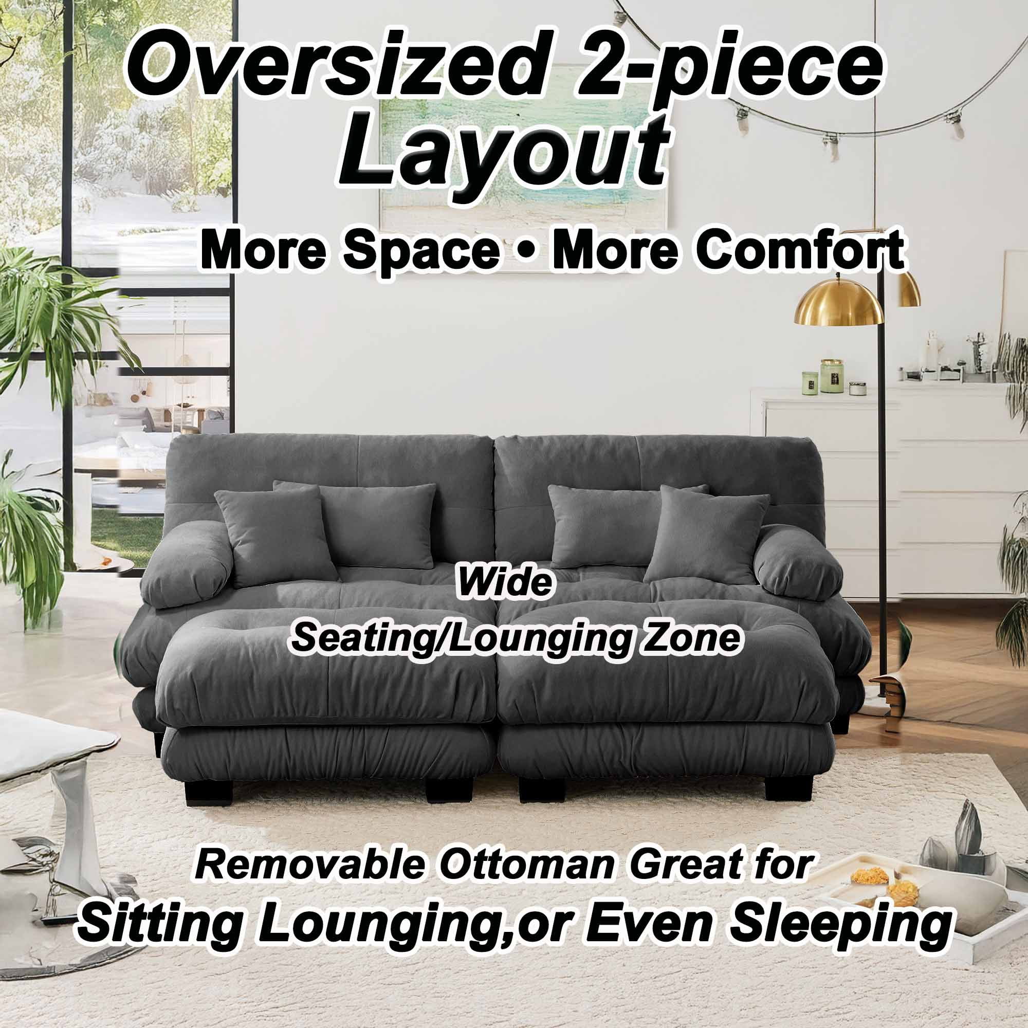 94.4" Cloud Chenille Loveseat Sofa with 2 Moveable Ottomans, Oversized Deep Seat Couch Set for Living Room,Gray