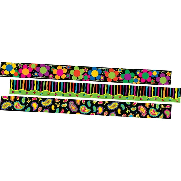BARKER CREEK Neon Border Set, Paisley, Stripes & Flower Power, Decorate Galore with 105' of Color-Coordinated Neon Stripe, Paisley, and Flower Power Trim (3665)