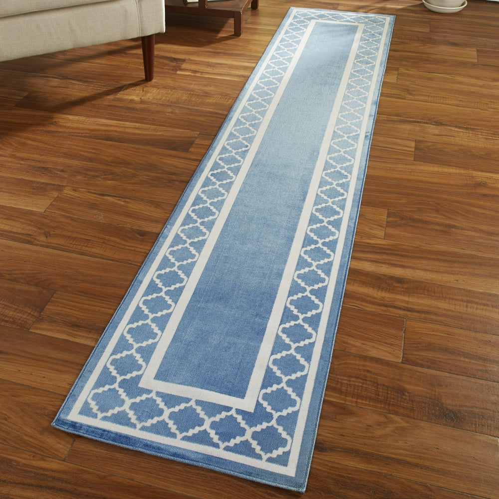 Extra Long Blue 90" Runner Rug with Lattice Border Print and Nonslip