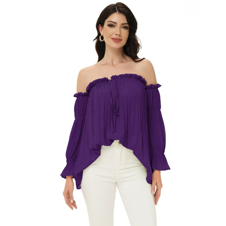 Renaissance Peasant Blouses for Women Peplum Tops Long Sleeve Dressy Casual Shirts Purple Medium