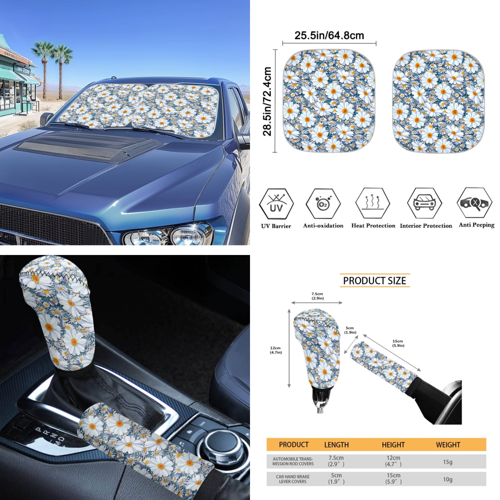 Yuyamidu Daisy Car Seat Covers Set of 16 Floral Steering Wheel Cover Handbrake Cover Gear Shift Knob Cover Seat Belt Covers Car Windshield Sun Shade Rear View Mirror Cover Coasters Key Chain