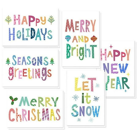 Christmas Greeting Cards Sayings 48 Pack of Christmas Winter Holiday Family Greeting Cards - Bright Christmas Saying's Designs - Boxed with 48 Count White Envelopes Included - 4.5 x 6.25 Inches ()