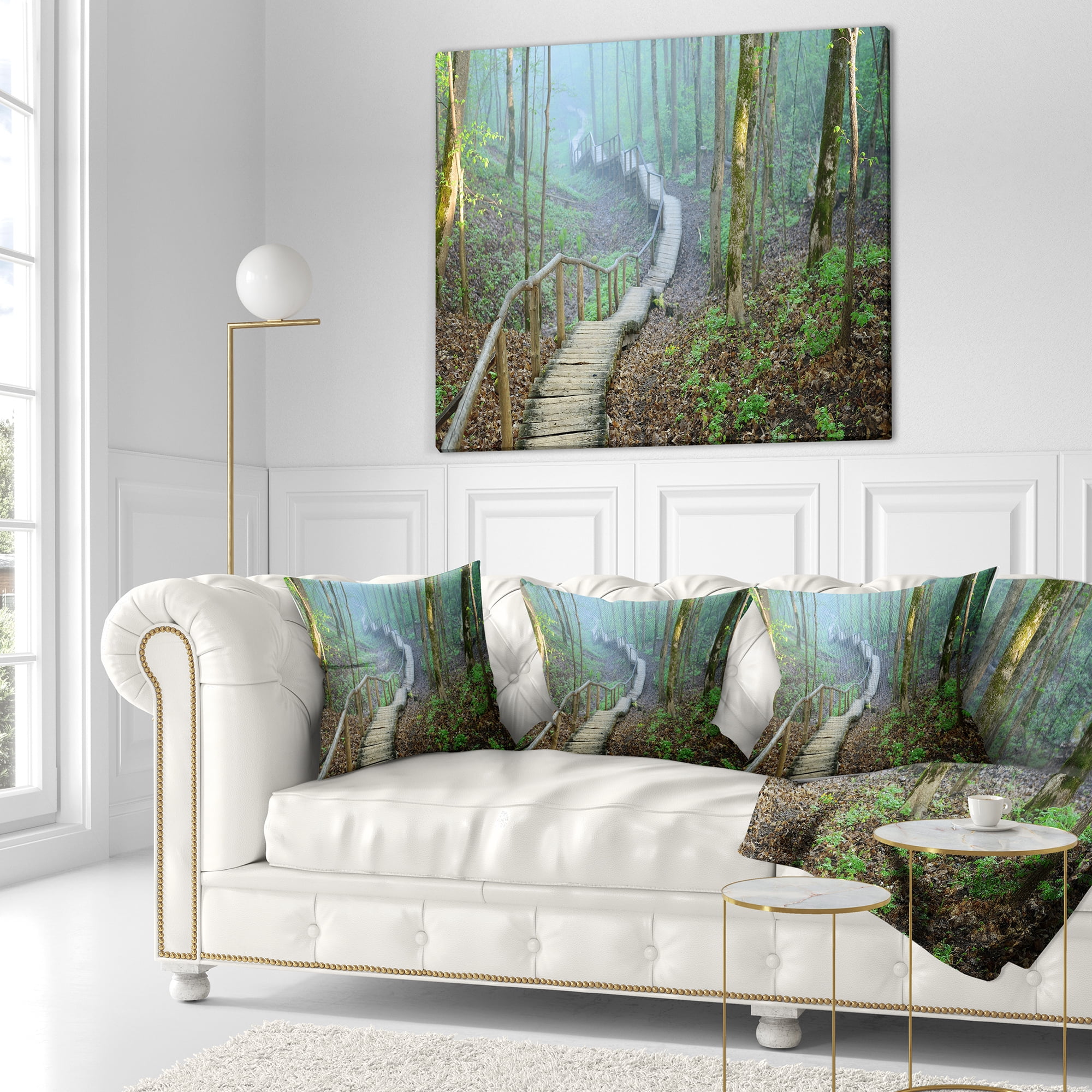 Designart Stairway Leading to Foggy Forest - Landscape Photography Throw Pillow - 16x16