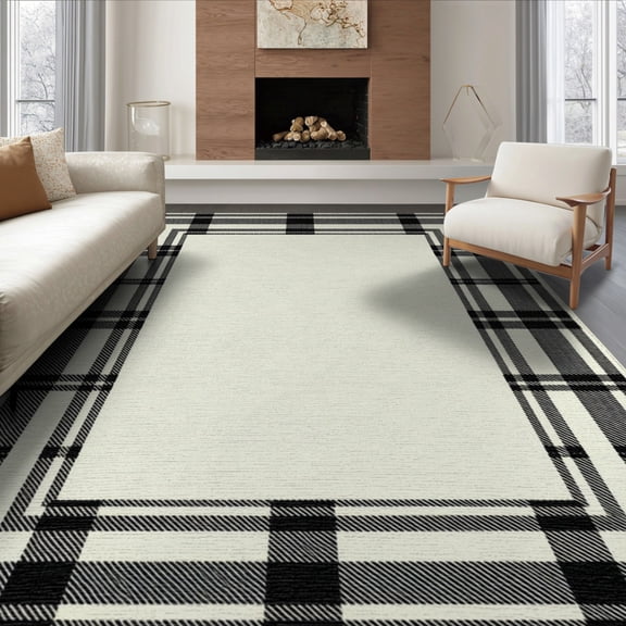 ODIKA 8'x10' Washable Area Rug Striped Border Farmhouse Bold Banded Frame Ticking Ivory Tan Refined Structured for King Size Bedroom Under Bed, Master Suite, Non-Shedding, Easy Care