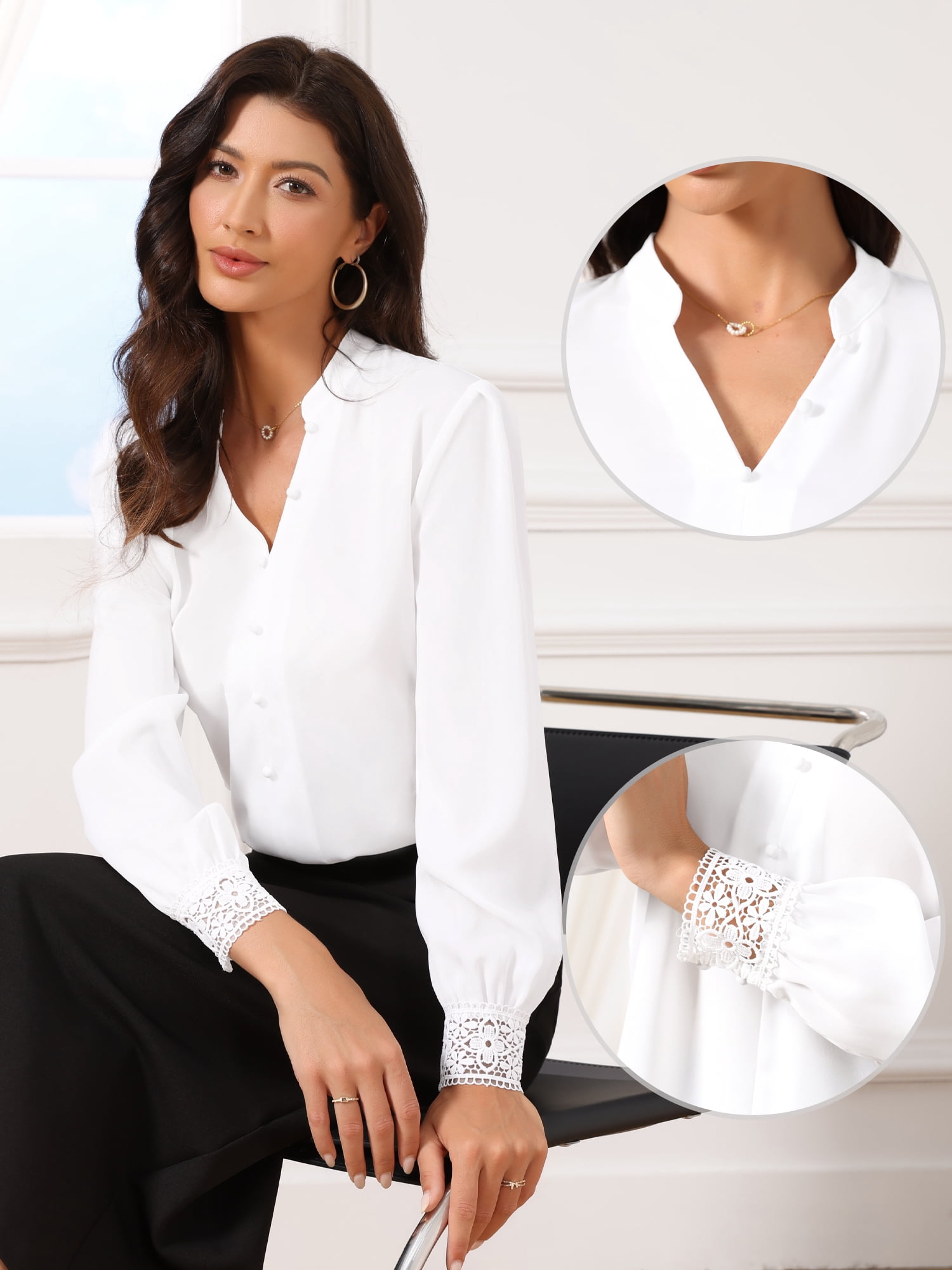DARING DIVA Women's Long Sleeve Dressy Shirt Lace Cuff Office Slit Neck Blouse M White