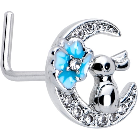 Body Candy Womens 20G 7mm 316L Stainless Steel L Shaped Nose Ring Rabbit on Moon Blue Mens Nose Stud Body Piercing Jewelry .027"