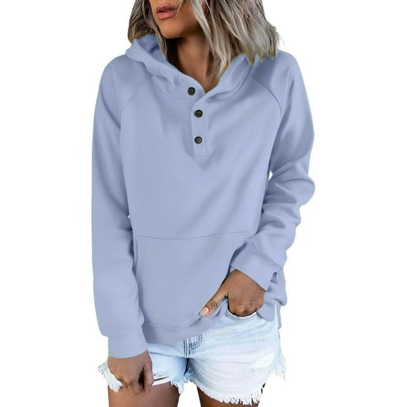 Lenpel Oversized Hoodies for Women Casual Long Sleeve Quarter Button Side Split Pullover Sweater Tops Fall Winter Clothes(Blue,X-Large)