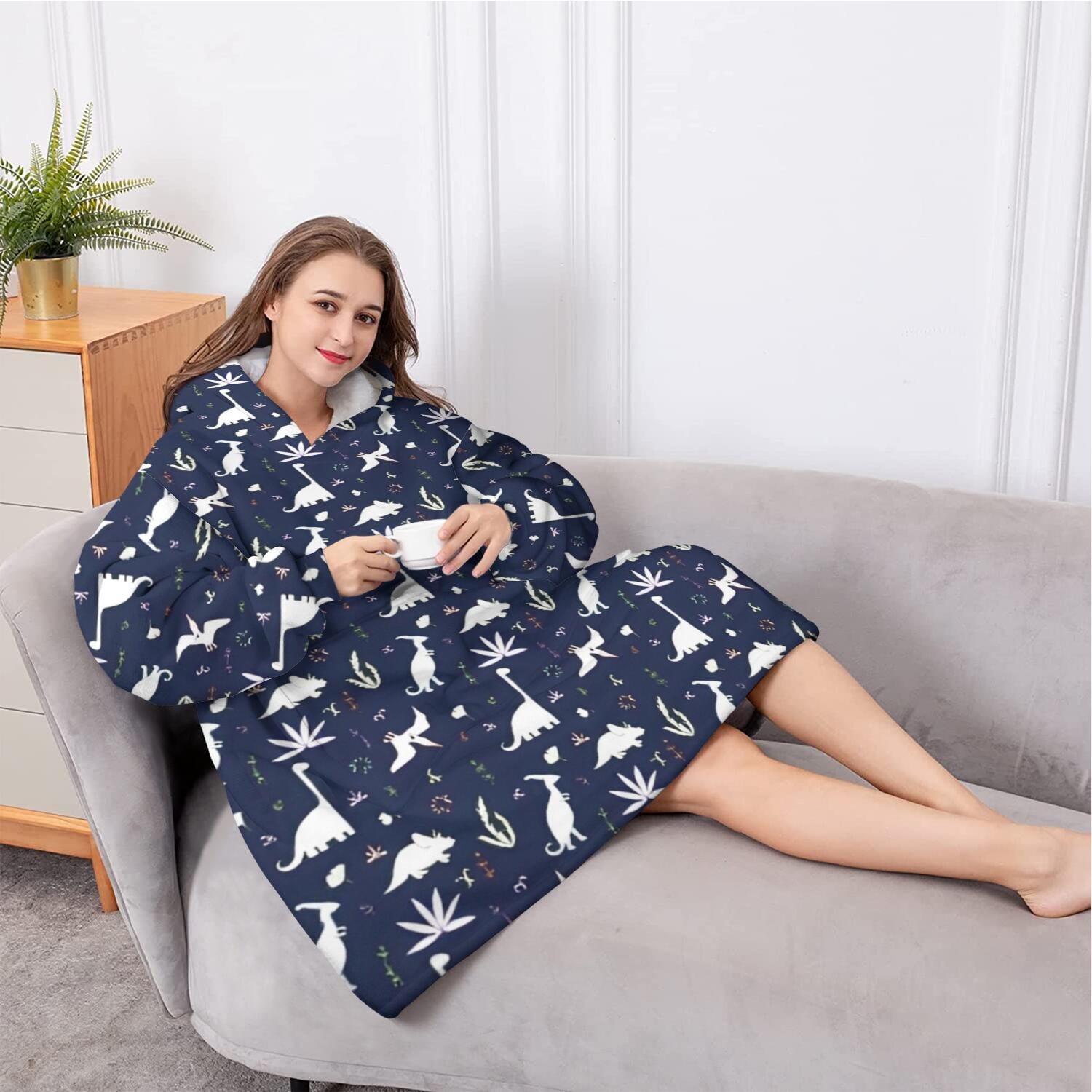 Oversized Wearable Blanket Hoodie,DarkBlue White Dinosaurs Plants Pattern Sherpa Blanket Hoodie with Super Pockets,Super Warm Fuzzy Pullover for Women & Men