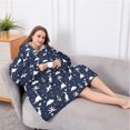 thumbnail image 5 of Oversized Wearable Blanket Hoodie,DarkBlue White Dinosaurs Plants Pattern Sherpa Blanket Hoodie with Super Pockets,Super Warm Fuzzy Pullover for Women & Men, 5 of 6