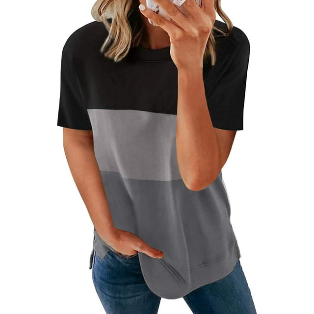 Blouses T-Shirts Décontractées à Manches Courtes à Blocs de Couleur Rayés pour Femmes
