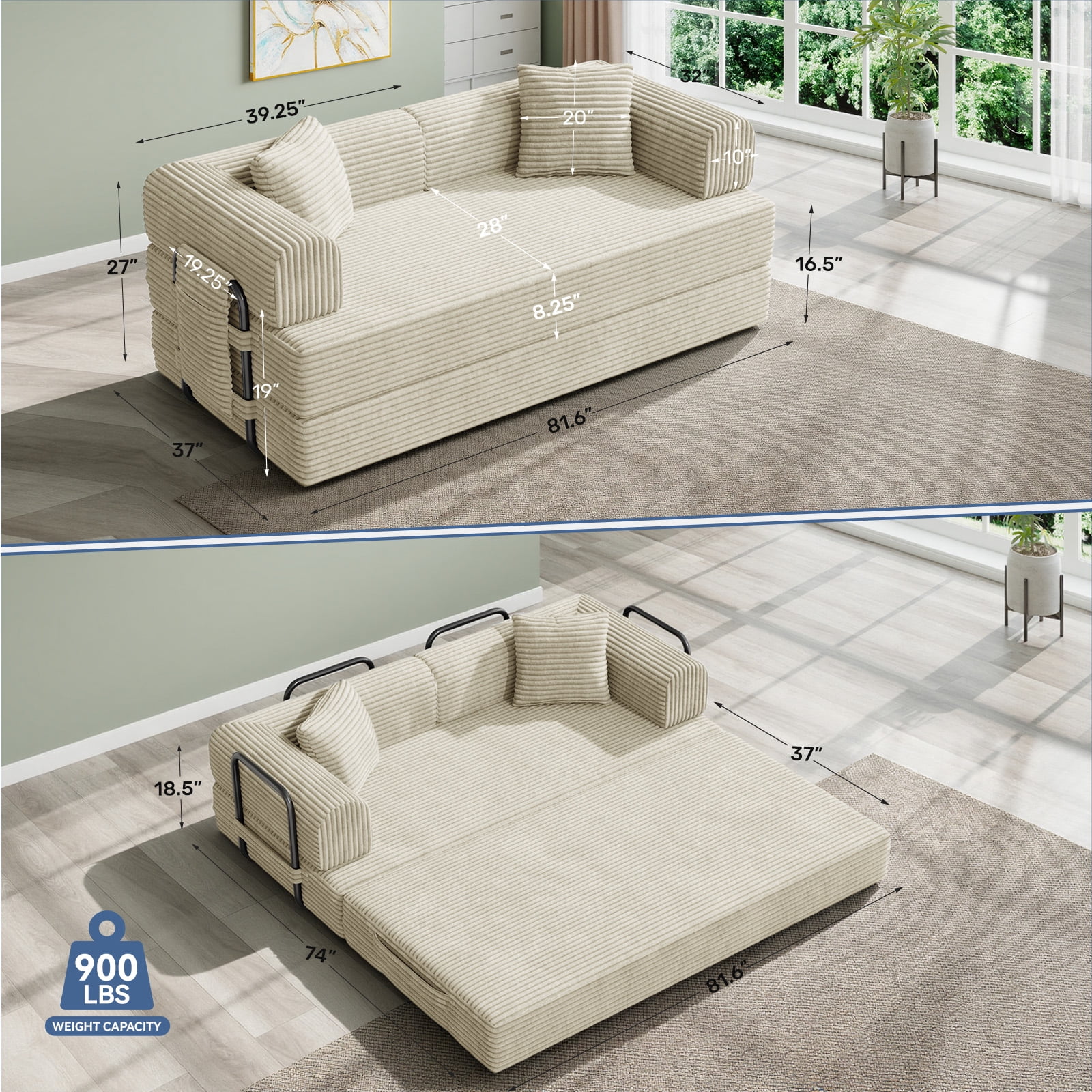 Daluvenix 4-in-1 Folding Convertible Sofa Bed 81 Inch Oversized Corduroy Upholstered Boneless Couch Loveseat Sleeper with Pull Out Bed Beige
