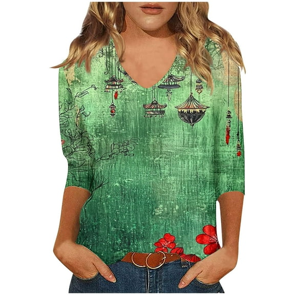 CYMMPU Floral Printed V Neck Blouses for Women Dressy Casual Loose Fit T-Shirts Fall Fashion Shirts 3/4 Sleeve Spring Tops Business Elegant Work Topss Green XL