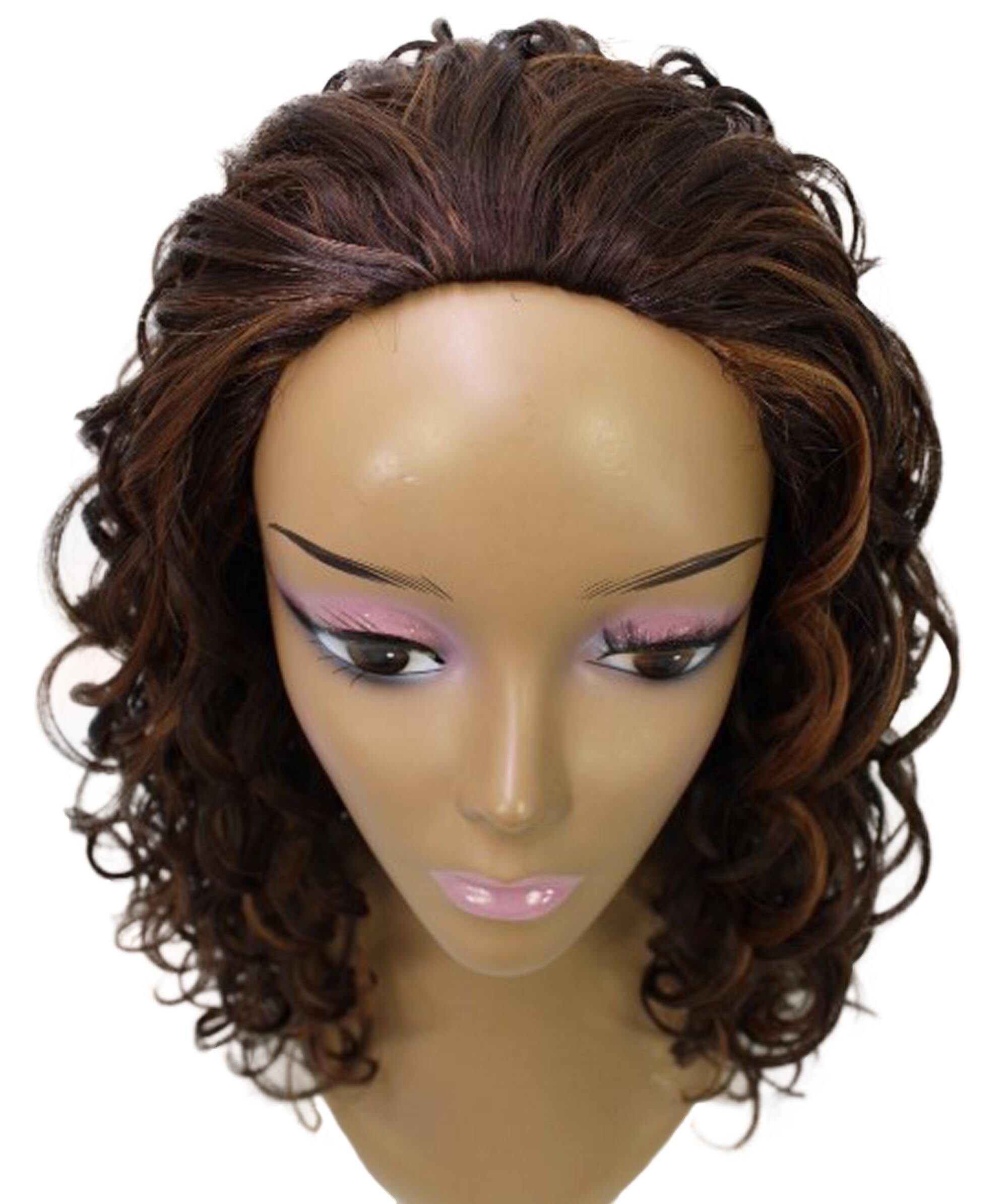LUXLUXE Edwina Curly Layered 17 in Long Half Wig Mix Human Hair and Synthetic Fibers, Brown with Caramel Highlights