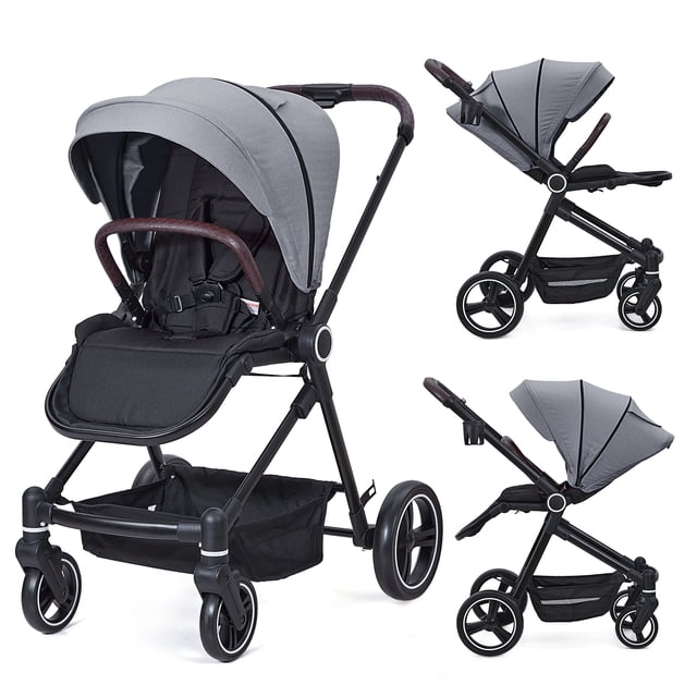 Cochecito plegable para bebé con asiento alto, carrito convertible para recién nacido y niño pequeño, respaldo reversible, cesta y portavasos