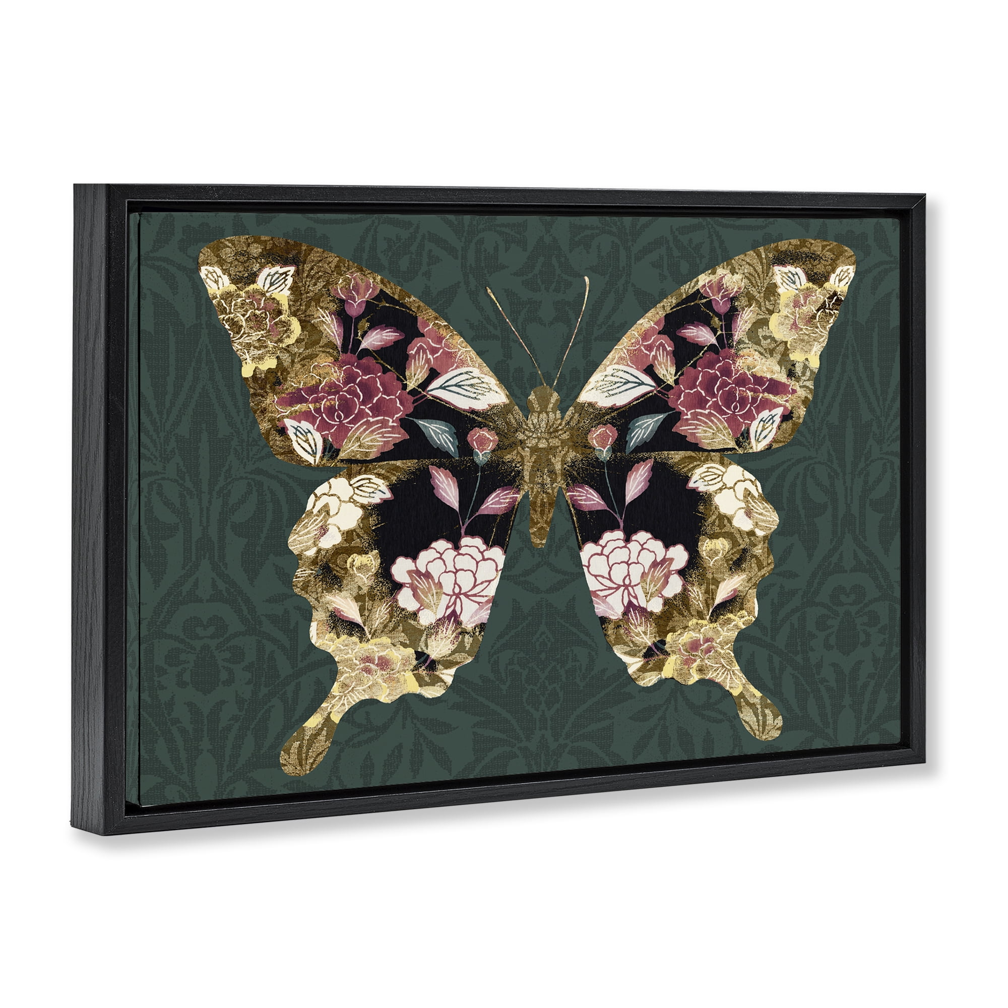 Stupell Industries Rococo Butterfly Pattern Animals Painting Black Floater Framed Canvas Art Print Wall Art, 25 x 17