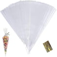 thumbnail image 1 of 100 bolsas cónicas transparentes, bolsas de celofán para golosinas, bolsas triangulares de plástico para golosinas de 25 x 13 cm con lazos giratorios para alimentos, 1 of 5