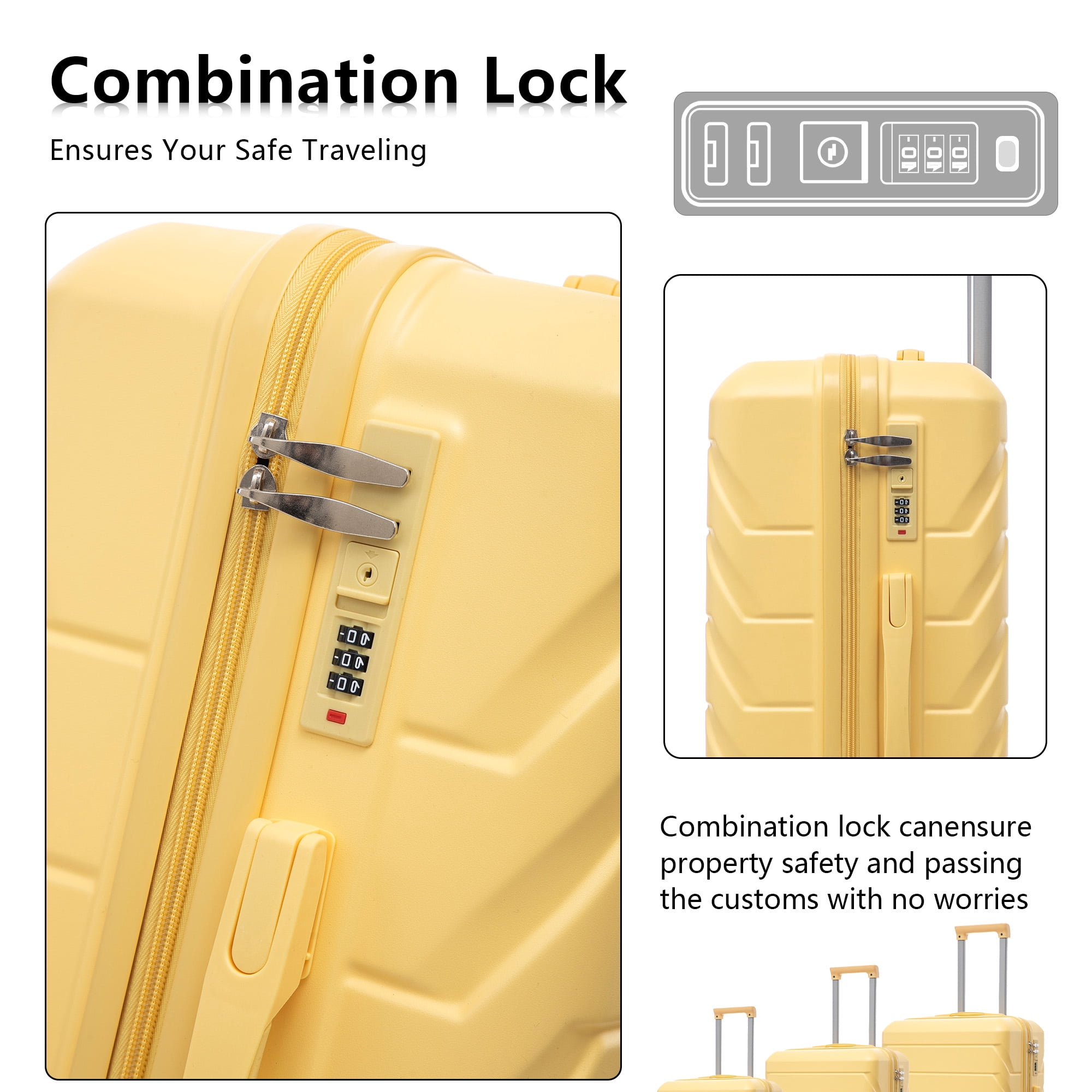 Alvantor 3Pcs Luggage Set, ABS Hardside Spinner Suitcase with Combination Lock, 20/24/28 Inch, Yellow